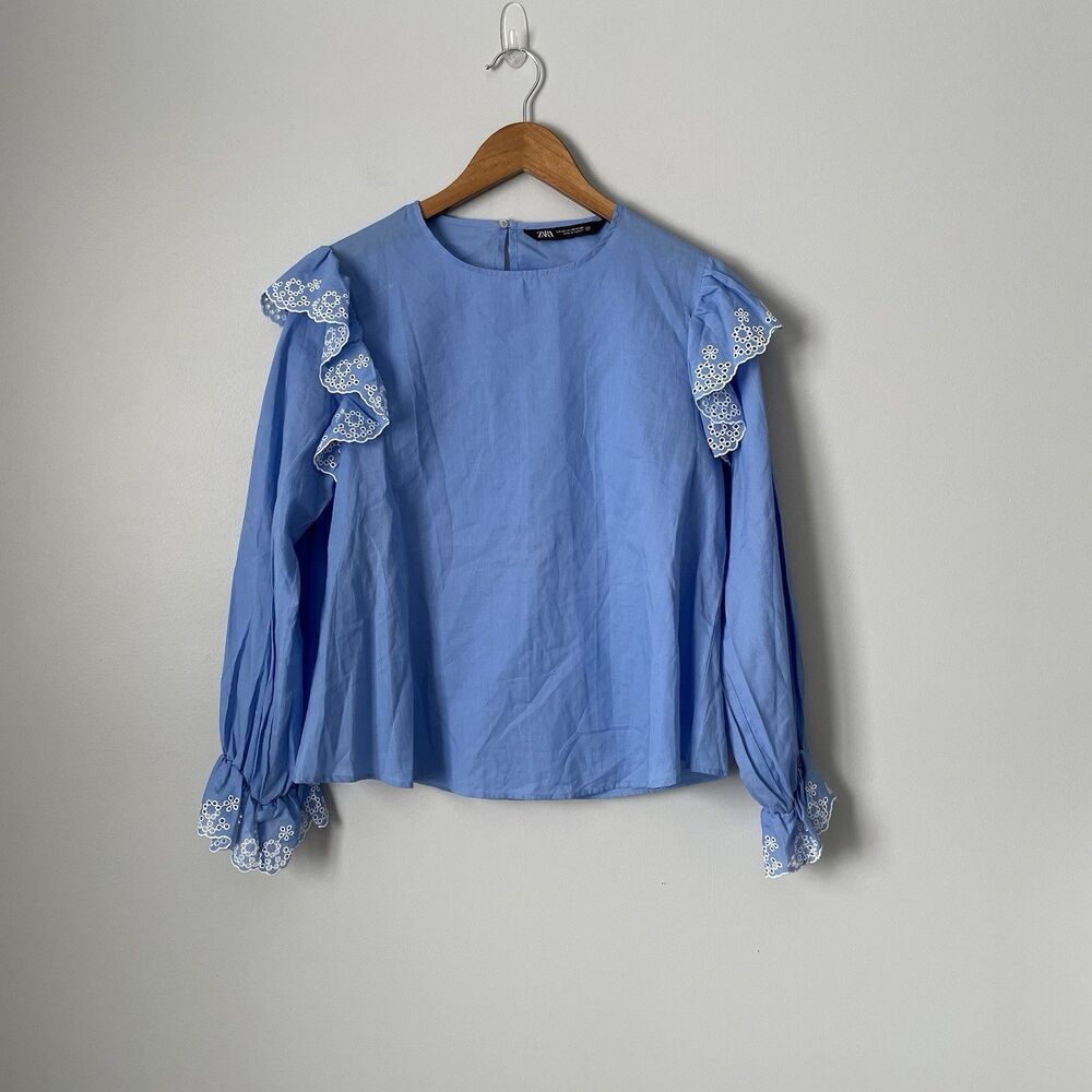 Zara Cotton Blouse Eyelit Ruffle Embroidered Details Long Sleeve Women's XS - Picture 3 of 11